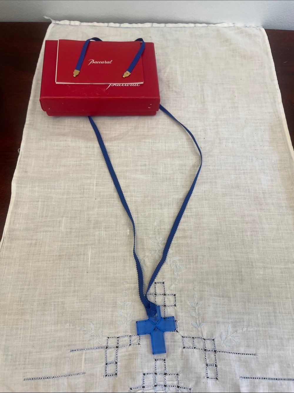 Baccarat Blue Cross Pendant on Blue Ribbon Necklace